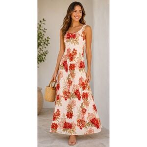 Paper Heart Red Floral Linen Blend Cutout Back Maxi Dress L Boho Cottagecore